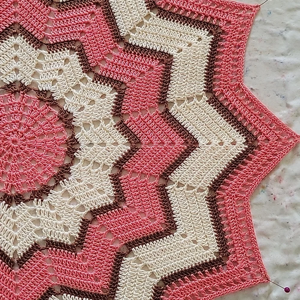 NEW ANd FRESHLY PINNED/ 17in Pink and Cream Crochet Doily With A Hint Of Brown